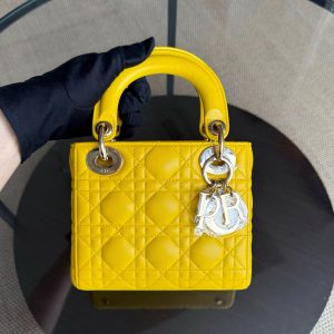Dior Lady Mini - Cannage Lambskin Yellow Silver Hardware Adjustable Strap