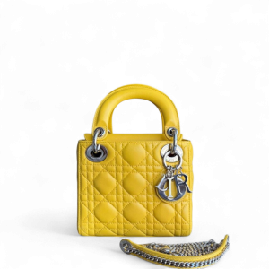 Dior Lady Mini Flap - Cannage Lambskin Yellow Silver Hardware Chain Strap Silver Hardware