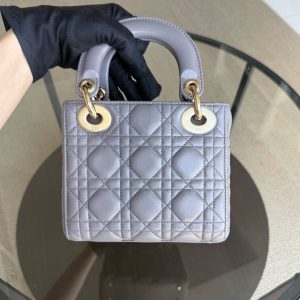 Dior Lady Mini - Cannage Lambskin Grey Gray Gold Hardware Adjustable Strap