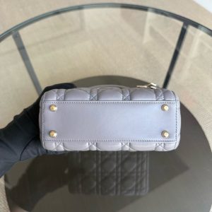 Dior Lady Mini - Cannage Lambskin Grey Gray Gold Hardware Adjustable Strap