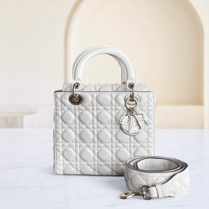 Dior Lady Medium Flap - Calfskin Cannage White Gold Hardware