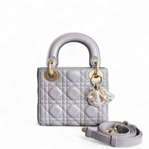 Dior Lady Mini - Cannage Lambskin Grey Gray Gold Hardware Adjustable Strap